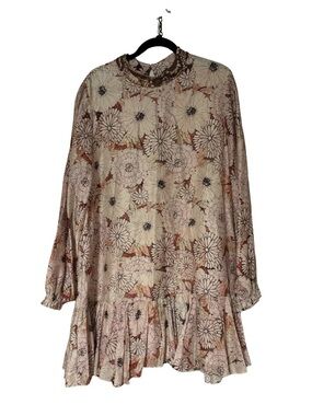 Anthropologie Beaded Neck Floral Long-Sleeve Ruffle Hem Dress